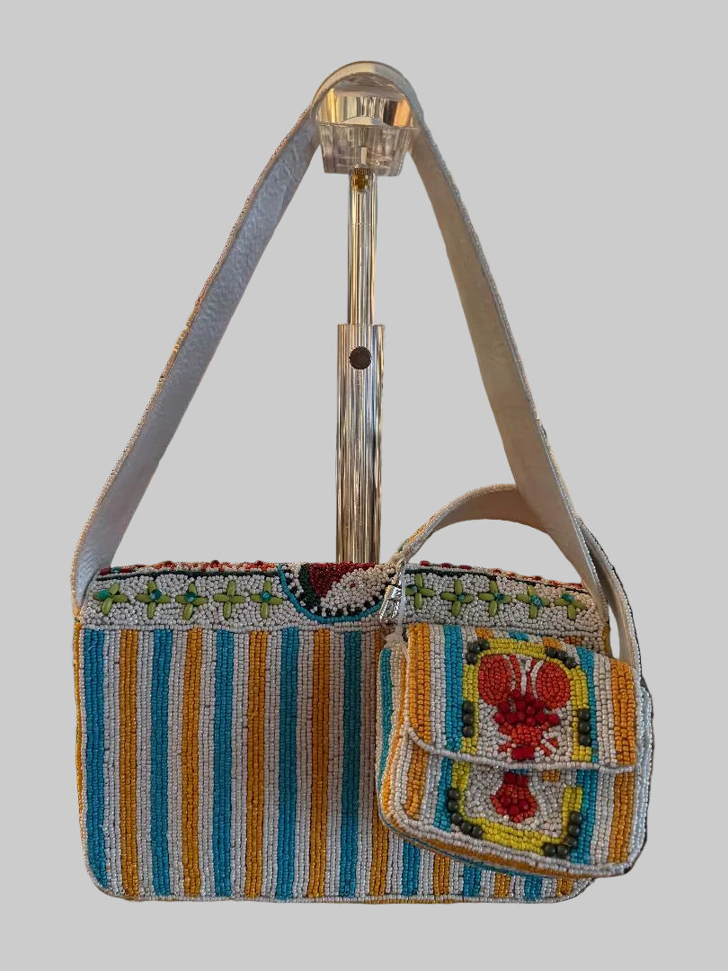 Colorful beaded lobster handbag with small purse charm back image