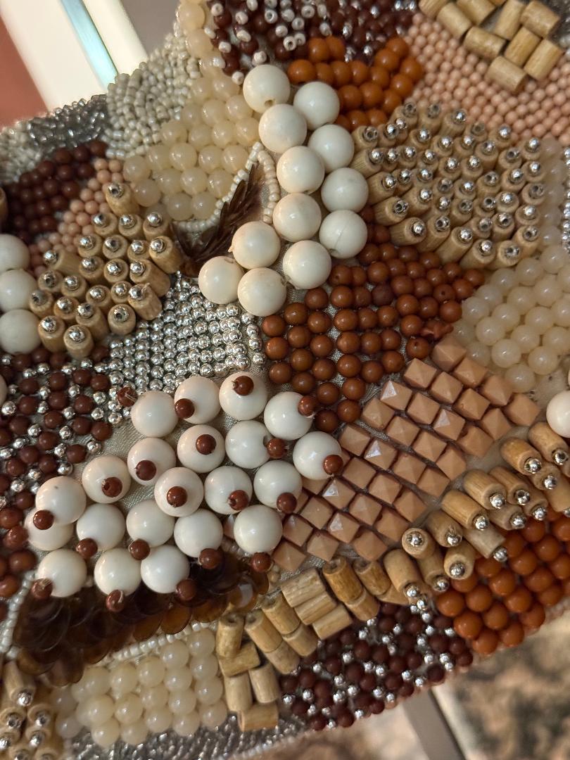 Trending Beaded Bags and Resort Collection - Beige Patchwork Beaded Clutch Bag