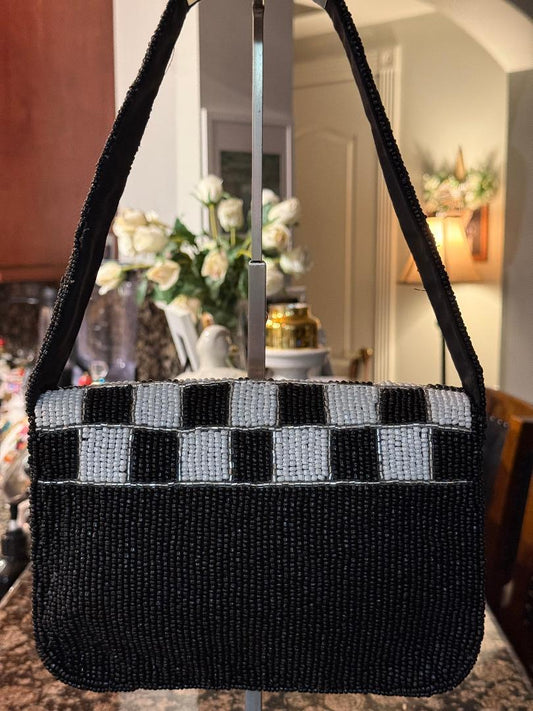 Trending Beaded Bags and Resort Collection - Black & White Checkered Beaded Shoulder Bag