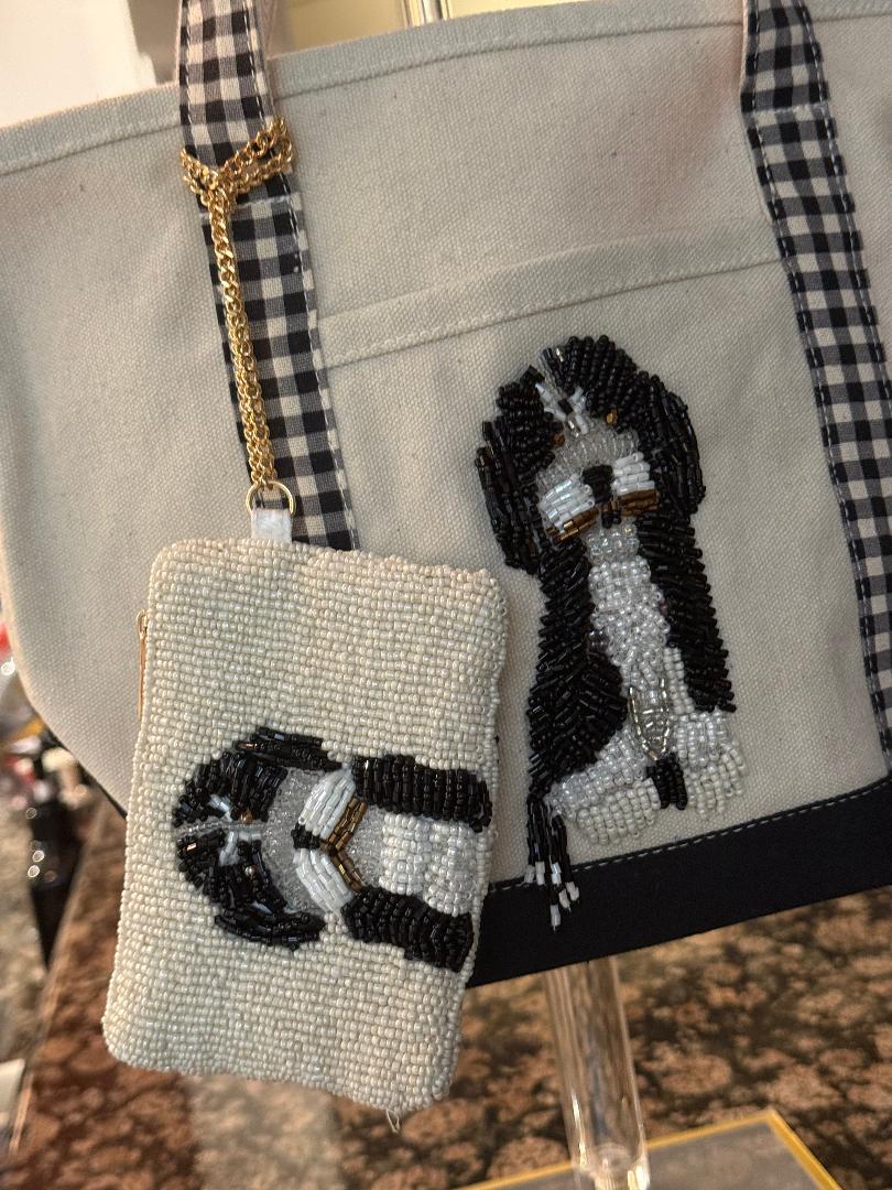 Trending Beaded Bags and Resort Collection - Black & White Spaniel Dog Tote with Matching Coin Purse