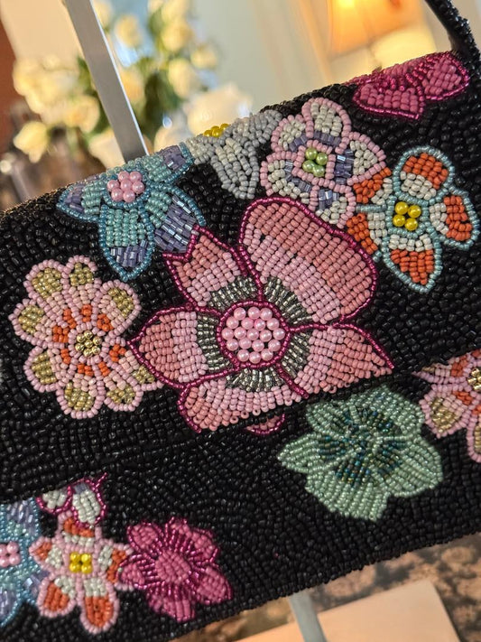 Trending Beaded Bags and Resort Collection - Black Floral Beaded Shoulder Bag