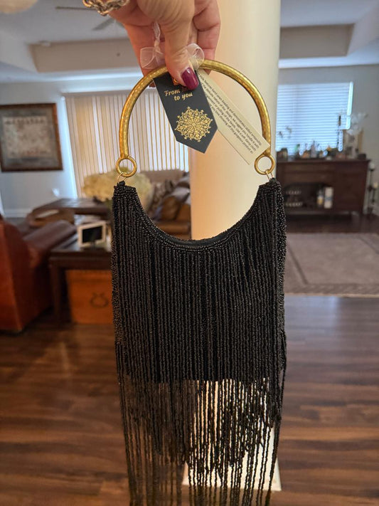 Trending Beaded Bags and Resort Collection - Black Fringe Beaded Gold Top Handle Bag
