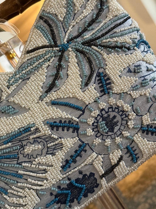 Trending Beaded Bags and Resort Collection - Blue Beaded Floral Bag with Bamboo Handle
