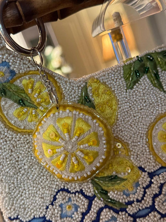 Trending Beaded Bags and Resort Collection - Blue Lemon Beaded Bamboo Clutch