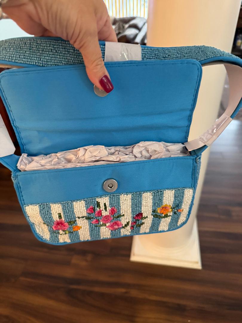 Trending Beaded Bags and Resort Collection - Blue Multi Floral Beaded Shoulder Bag