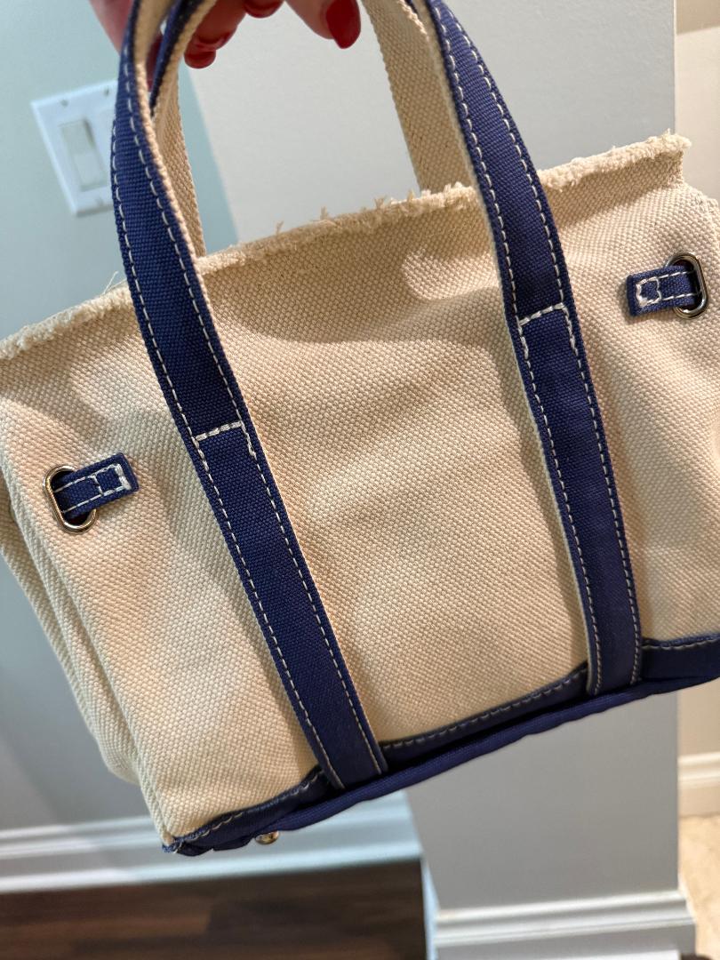 Trending Beaded Bags and Resort Collection - BOATKIN SMALL Blue/White Canvas Tote Bag