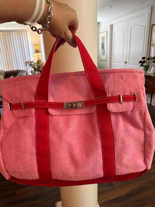 Trending Beaded Bags and Resort Collection - BOATKIN MEDIUM Pink/Red Terry Cloth Tote Bag