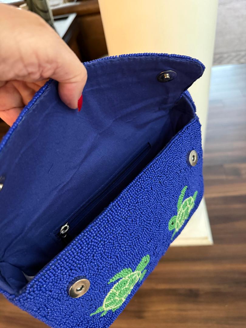 Trending Beaded Bags and Resort Collection - Cobalt Blue Sea Turtle Beaded Shoulder Bag