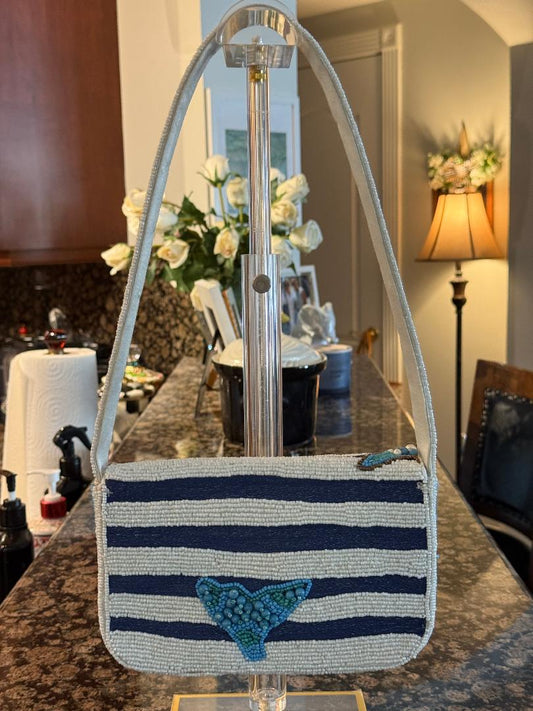 Trending Beaded Bags and Resort Collection - Navy White Striped Crab with Pearls