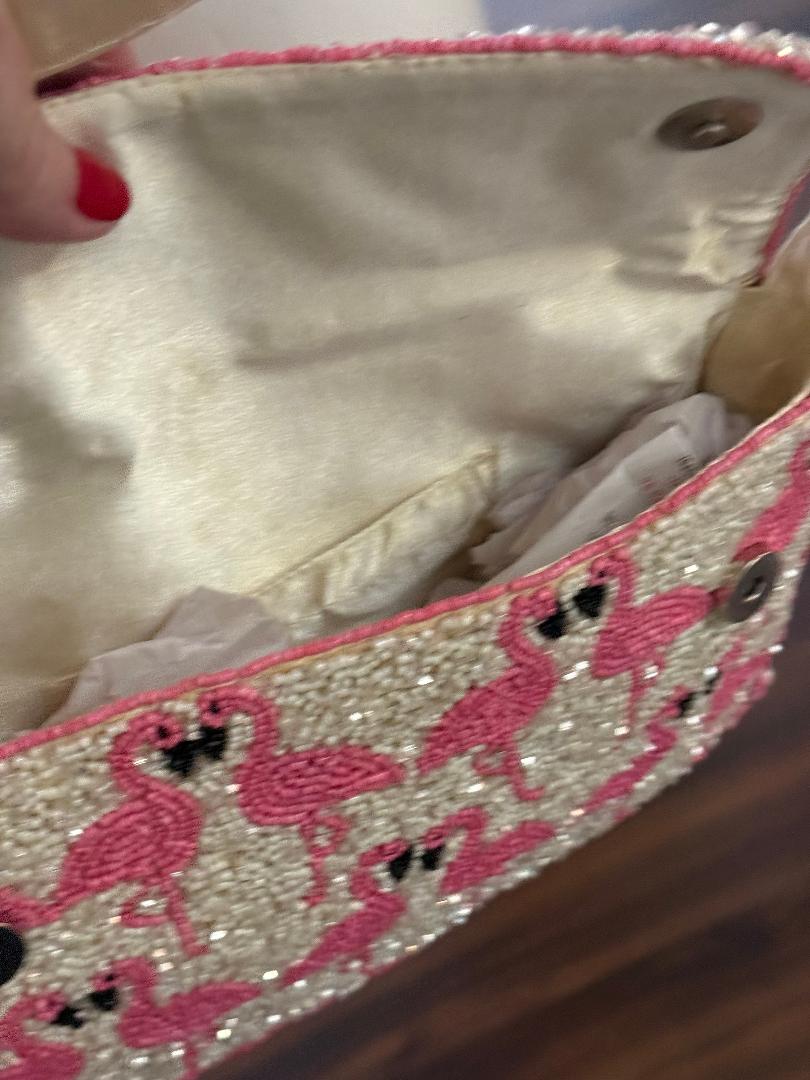 Trending Beaded Bags and Resort Collection - Pink Flamingo Beaded Shoulder Bag with Bag Charm