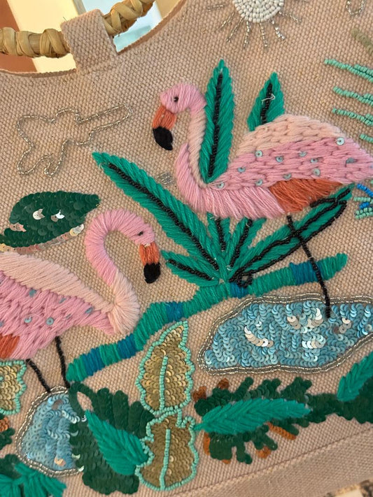 Trending Beaded Bags and Resort Collection - America & Beyond Pink Flamingo Beaded Tote with Bamboo Handles