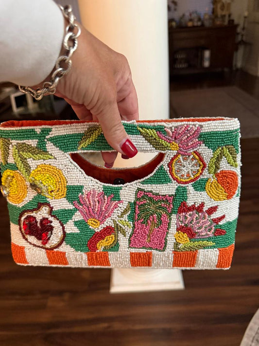 Trending Beaded Bags and Resort Collection - Mediterranean Checkered Fruit Summer Beaded Clutch