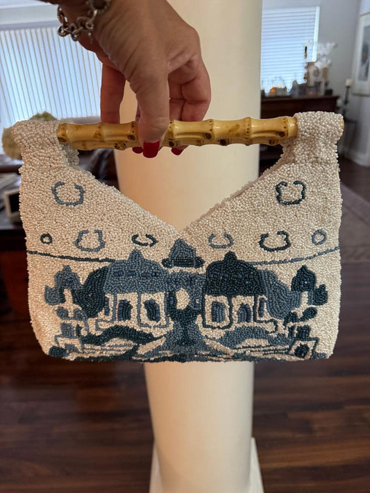 Trending Beaded Bags and Resort Collection - Blue Santorini Greece Bamboo Handle Clutch