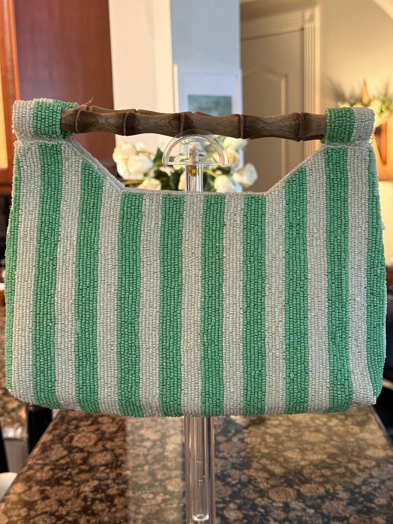 Trending Beaded Bags and Resort Collection - Green Striped Coral Reef w/ Bamboo Handle