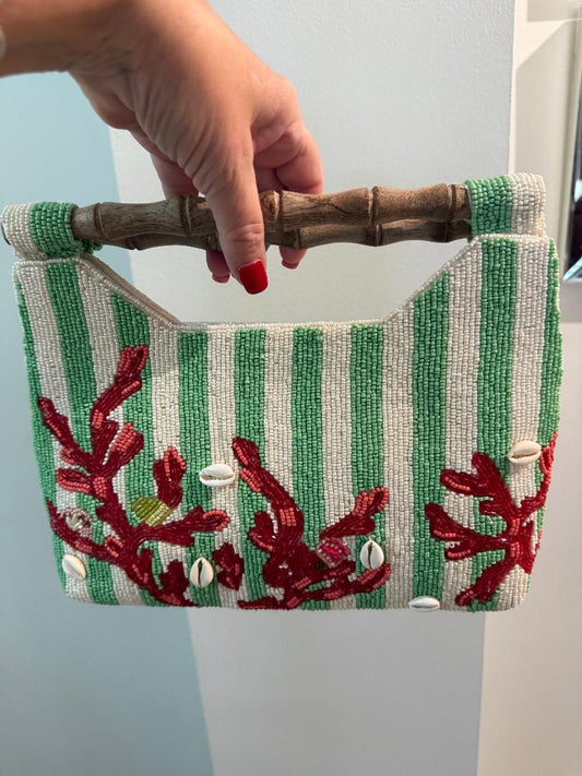 Trending Beaded Bags and Resort Collection - Green Striped Coral Reef w/ Bamboo Handle
