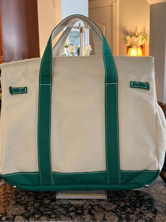 Trending Beaded Bags and Resort Collection - BOATKIN MEDIUM Green/White Canvas Tote Bag