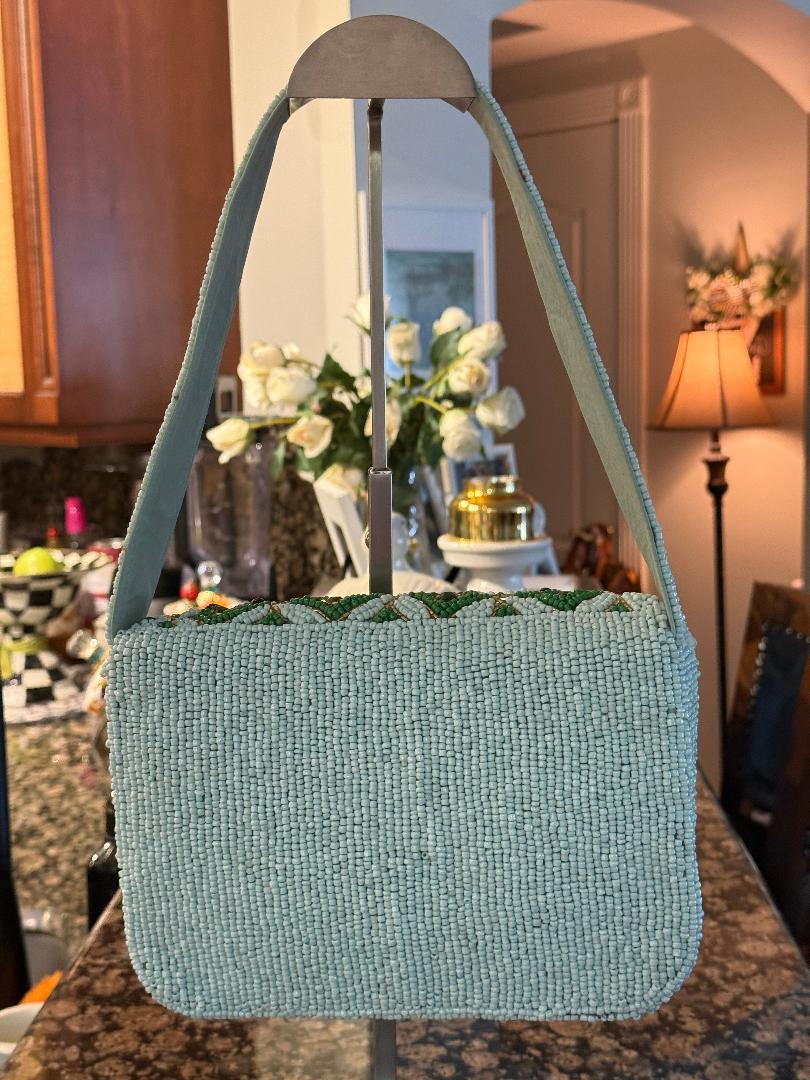 Trending Beaded Bags and Resort Collection - Green Triangle Pattern Beaded Shoulder Bag