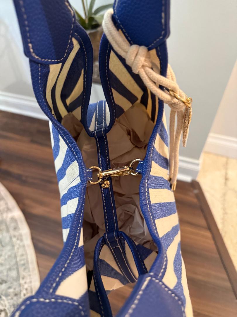 Trending Beaded Bags and Resort Collection - House of Harlow Blue White Stripe Tote