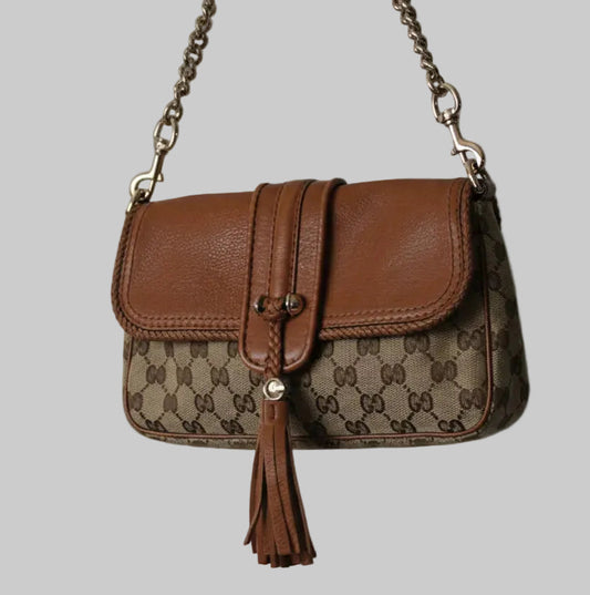 Brown and beige patterned handbag with a chain strap on a light gray background