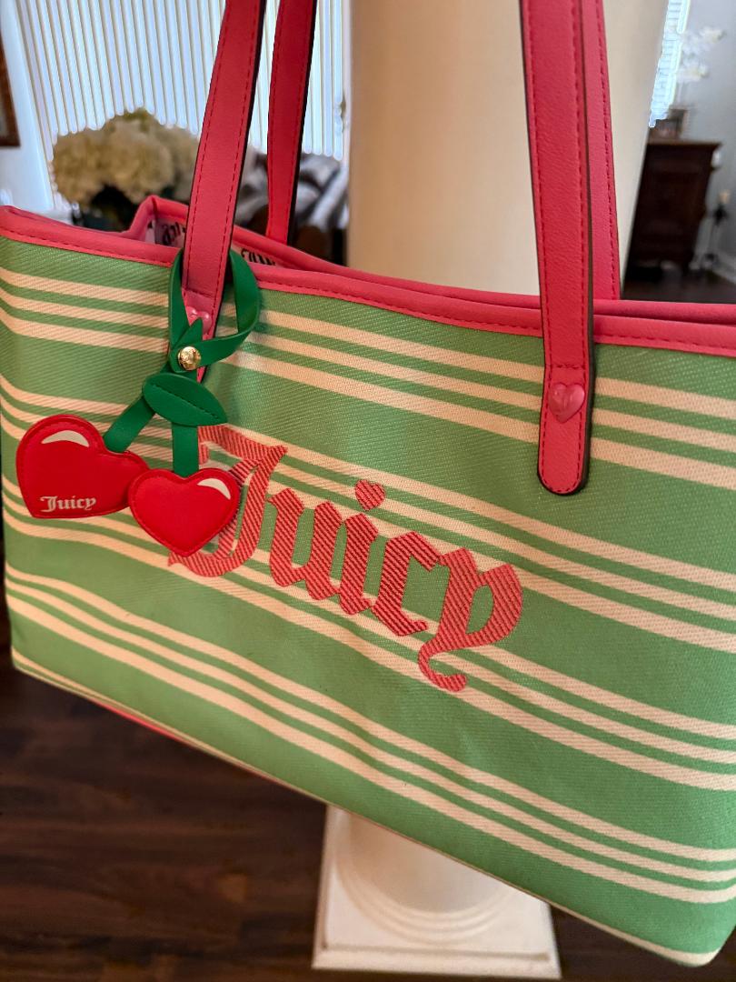 Trending Beaded Bags and Resort Collection - Juicy Couture Pink & Green Striped Tote