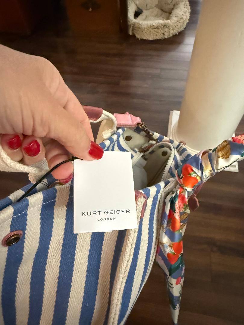 Trending Beaded Bags and Resort Collection - Kurt Geiger Blue White Striped Tote with Floral Twilly
