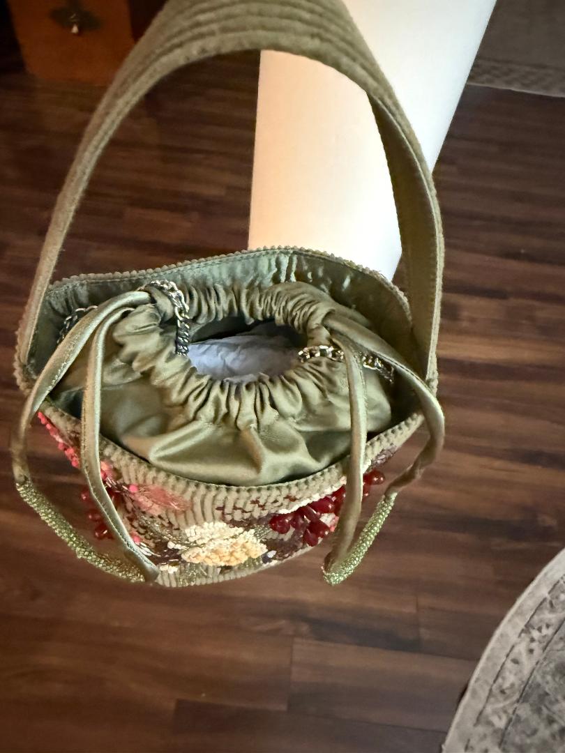 Trending Beaded Bags and Resort Collection - Olive Green Floral Bucket Beaded Bag