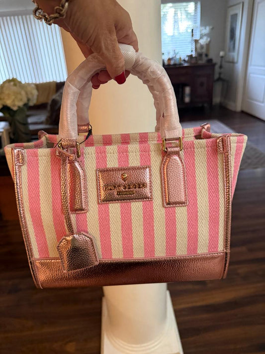 Trending Beaded Bags and Resort Collection - Kurt Geiger Canvas Pink and White Stripes Tote Bag