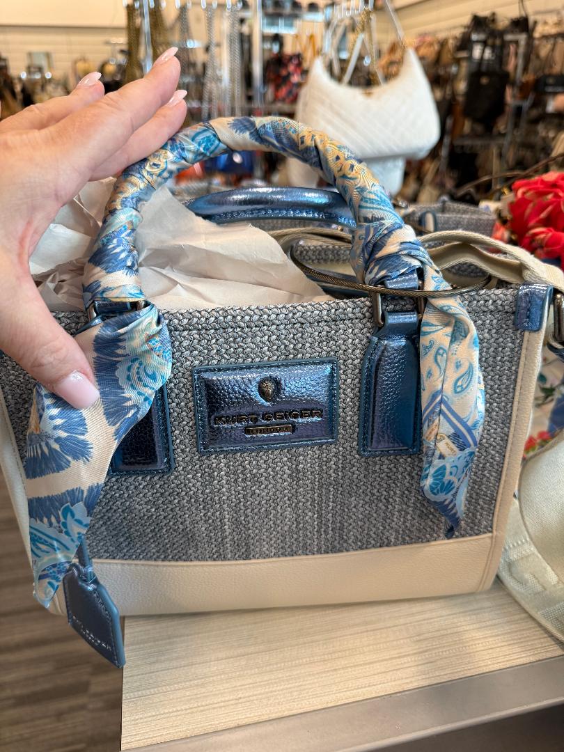 Trending Beaded Bags - Kurt Geiger Metallic Blue Resort Shoulder Bag | Woven Mini Tote with Scarf Handle