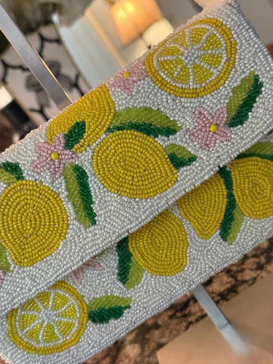 Trending Beaded Bags and Resort Collection - Yellow Lemons Beaded Shoulder Bag