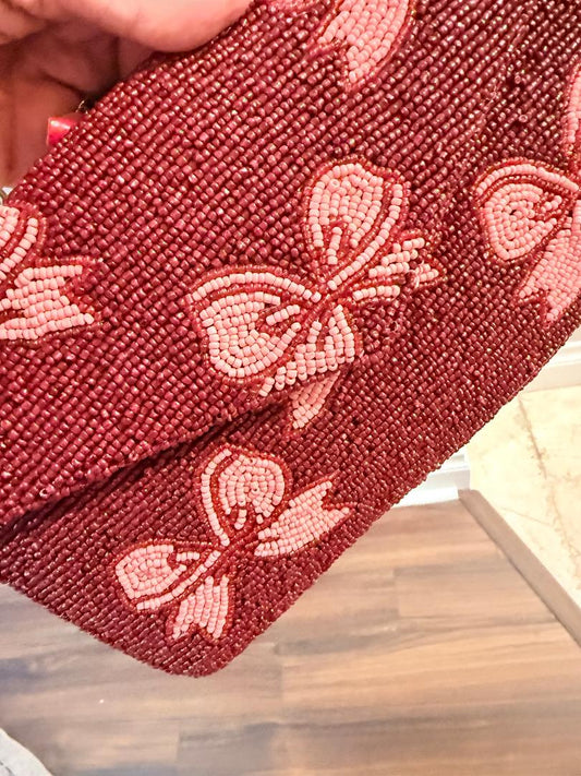 Trending Beaded Bags and Resort Collection - Maroon Pink Bows Crossbody with Gold Chain