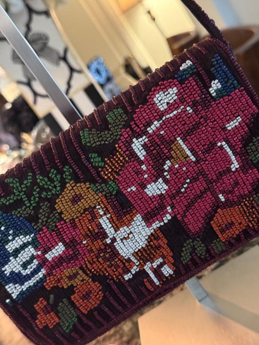 Trending Beaded Bags and Resort Collection - Maroon Floral Beaded Shoulder Bag