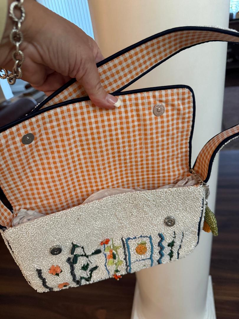 Trending Beaded Bags and Resort Collection - White Beaded Floral Orange Checkered Shoulder Bag with Orange Bag Charm