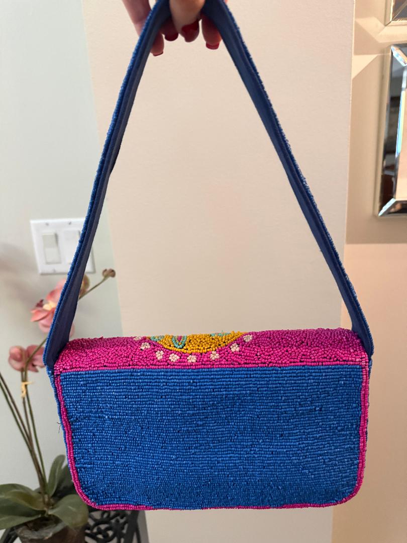 Trending Beaded Bags and Resort Collection - Tropical Palm Trees Pink & Blue Shoulder Bag