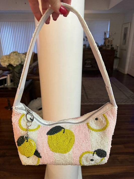 Trending Beaded Bags and Resort Collection - Pink & White Striped Apple Beaded Shoulder Bag