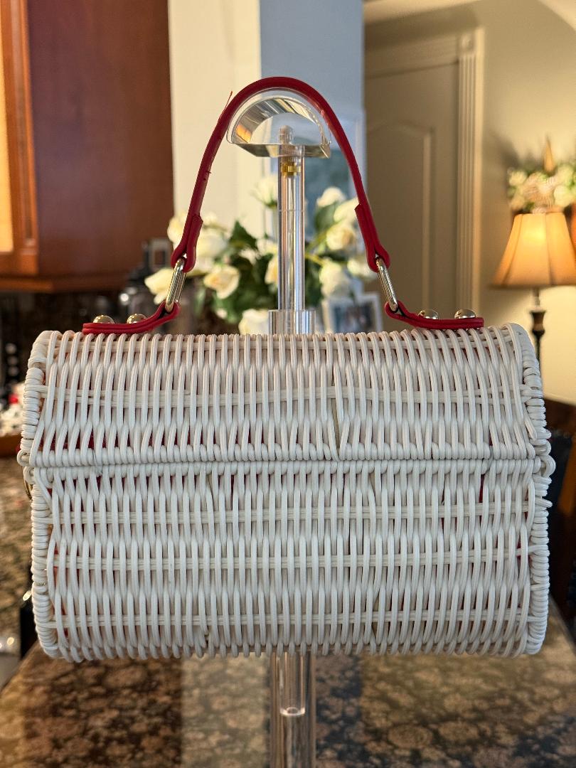 Trending Beaded Bags and Resort Collection - Tommy Bahama Red White Wicker Crossbody Tote