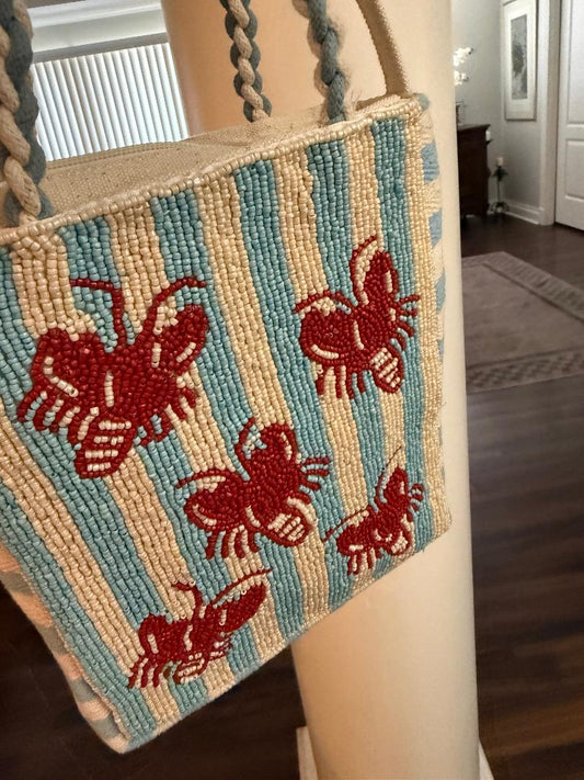 Trending Beaded Bags and Resort Collection - Blue & White Striped Red Lobster Crossbody