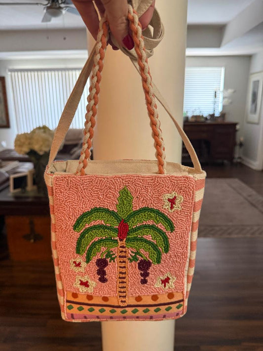 Trending Beaded Bags and Resort Collection - Hot Pink & White Striped Palm Tree Crossbody
