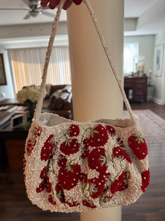 Trending Beaded Bags and Resort Collection Strawberry White Tote Bag