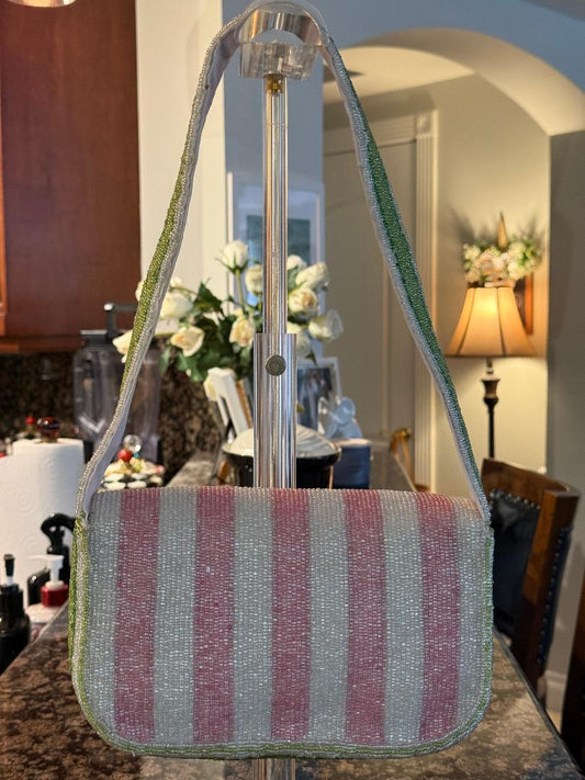 Trending Beaded Bags and Resort Collection - Pink Tulip Striped Floral Shoulder Bag