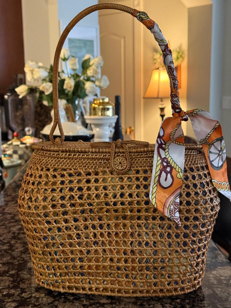 Trending Beaded Bags and Resort Collection - Brown Wicker Basket Tote with Twilly Scarf