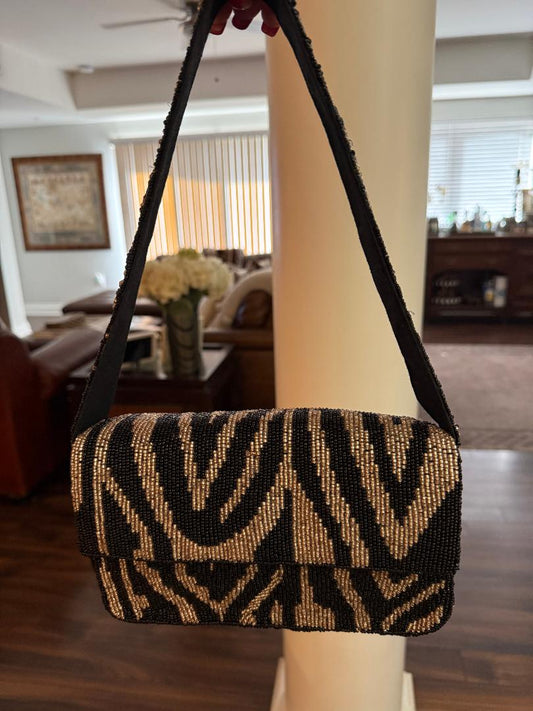 Trending Beaded Bags and Resort Collection - Black & Silver Zebra Beaded Shoulder Bag