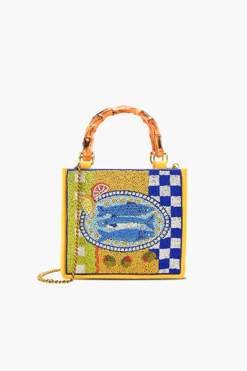 Colorful handbag with a patterned design on a white background