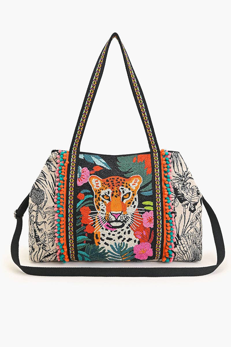 America & Beyond - Tropical Leopard Beaded Tote