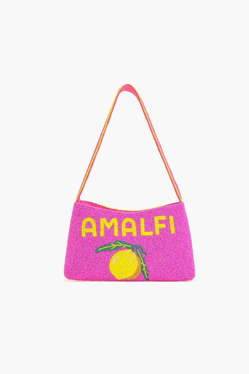 Pink handbag with 'AMALFI' text and lemon design on a white background