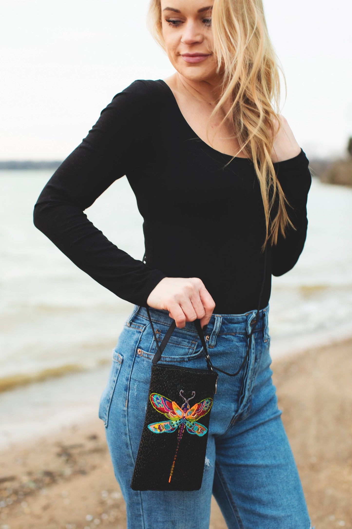 Trending Beaded Bags and Resort Collection - Dragonfly Multi Colored Black Crossbody Bag