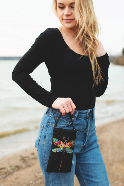 Trending Beaded Bags and Resort Collection - Dragonfly Multi Colored Black Crossbody Bag