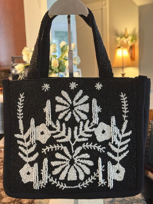 Trending Beaded Bags and Resort Collection - America & Beyond Black & White Floral Beaded Tote