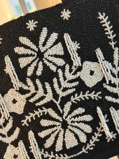 Trending Beaded Bags and Resort Collection - America & Beyond Black & White Floral Beaded Tote