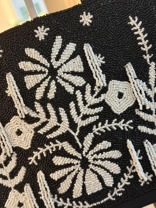 Trending Beaded Bags and Resort Collection - America & Beyond Black & White Floral Beaded Tote