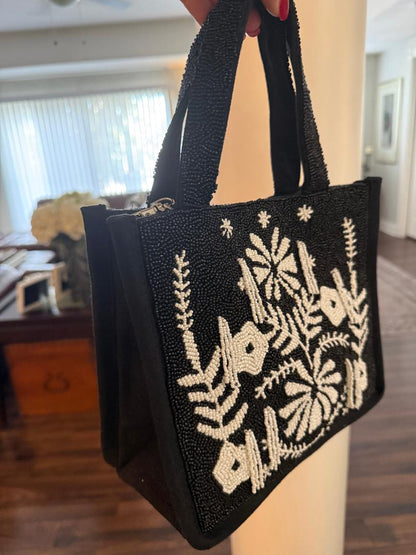 Trending Beaded Bags and Resort Collection - America & Beyond Black & White Floral Beaded Tote
